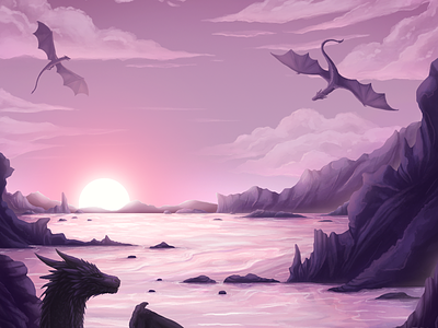 Dragonstone daenerys dragons drogon game illustration landscape of sunset targaryen thrones violet