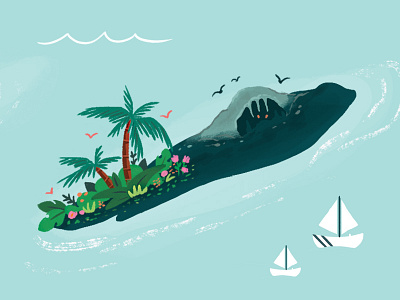 Lil Island boats cave illustration island jungle ocean palm sail sea trees tropical water