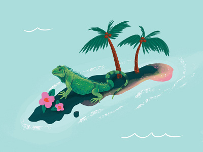 Iguana Island floral iguana illustration island jungle ocean palms sea tropical water