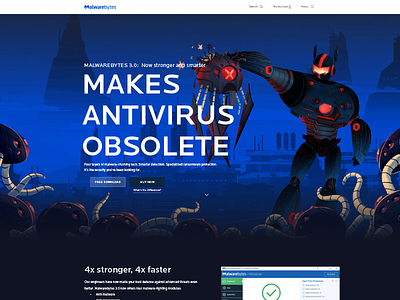 Malwarebytes 3.0 Launch antivirus hero home home page illustration landing page malware module robot security virus