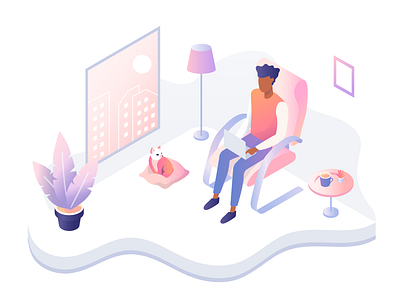 working from home design from home illustration interior isometric living room lockdown man remote work