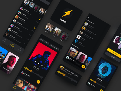 Social Music App app card connect dark mode design friends ios iphone minimal music simple ui ux yellow