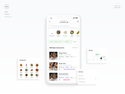 Filters Home Screen app card categories delivery design filters food app home ios iphone rappi rate restaurant sort ui ux
