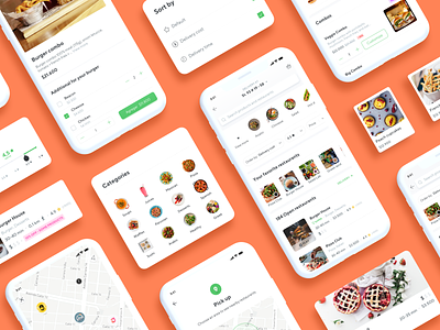 Rappi Restaurants app card categories delivery design filters food food app home icon ios iphone orange products rappi rate restaurant sort ui ux