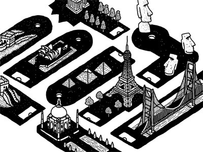 Minigolf amusement park black and white easter island golden gate illustration moai paris san francisco sydney taj mahal tourism