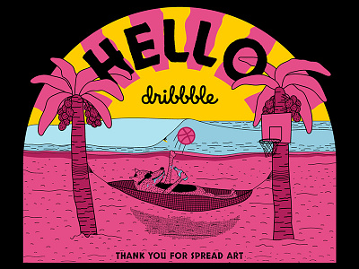 Hello Dribbble! beach cmyk debut dog dribbble hello illustration relax sticker sun surf tropical