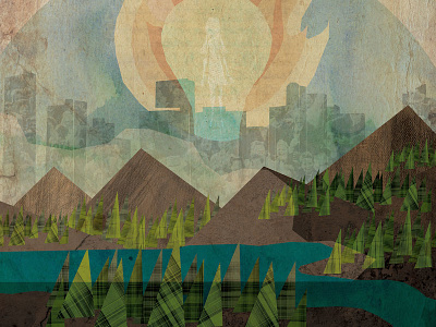 "the ponds" fire floating illustration lake lightbulb mountains nature paper texture trees