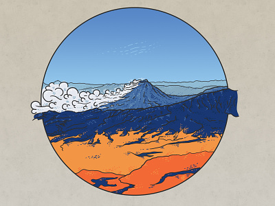 Karymskiy volcano (colored) autumn drawing graphic illustration kamchatka volcano
