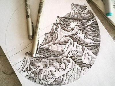 Gamchen volcano black white drawing graphic illustration ink kamchatka volcano
