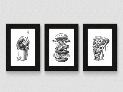 Food drawnings black white burger drawing food graphic ice cream illustration ink pizza