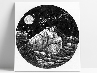 Sleeping volcano black white drawing graphic illustration ink kamchatka volcano