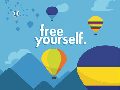 Free Yourself balloons blue clouds flat flat design hot air illustration mountains sanserif