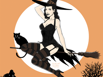 Witchy Vixen burlesque halloween illustration noir pinup retro witch