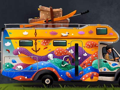 Camper Van right side beatles car cartoon hippie illustration kids