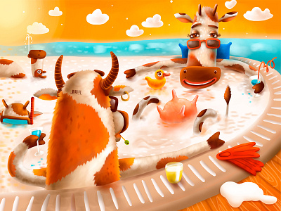 Everything in Sour Cream bull character cow duck illustration milk palm pool sour sun swimming