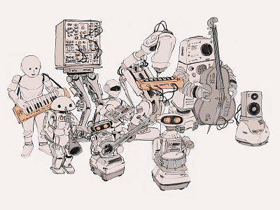 Music Bots Illustration beats bots cover art cover artwork instruments music robot robots