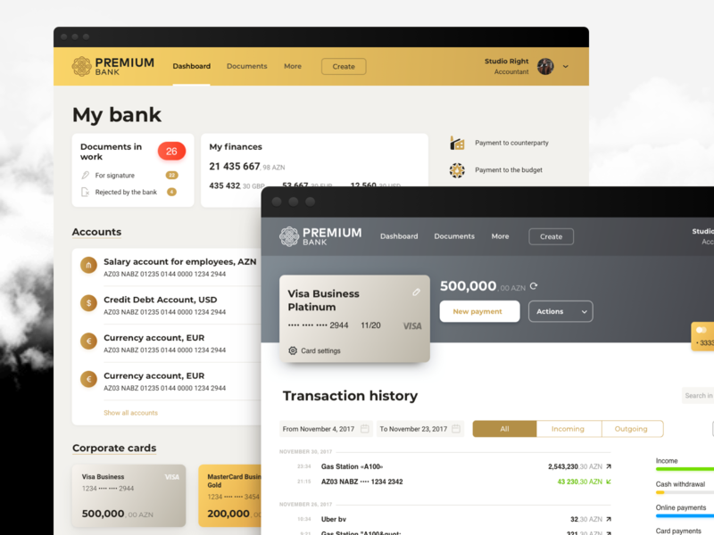 Online bank for legal entities. Premium Bank app application banking credit card design sketch transactions ui ux web