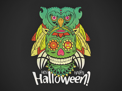 A3 Poster - Hey, happy Halloween ! dia de los muertos halloween illustration illustrator owl poster skull tatoo vector