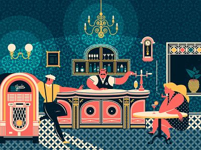 Int. Bar Scene - Night (1981) bar barman bistro french bar gredin illustration jukebox photoshop wolfgang wolfgang animation