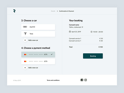 Booking page for Reyo app blue booking car car service card card design checkout choose clean design clean ui daily ui design green logo payment payment method ui ux web