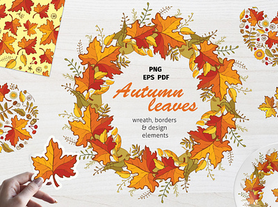 Maple leaves autumn collection autumn wreath fall clipart floral composition happy fall maple leaf seamless pattern thanksgiving design