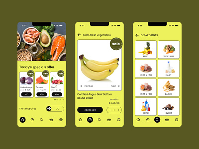 Grocery Shopping App app branding concept design food graphic design green grocery mobile app ui yellow