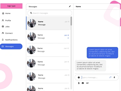 Messages page of a Webapp app blue branding chat design figma graphic design illustration jobs message messages pink prototype transgender ui web design webapp website