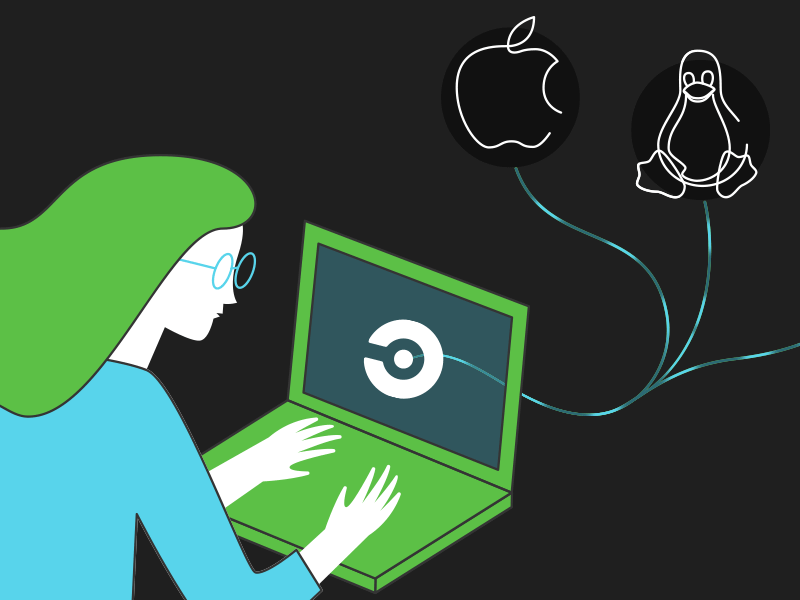 CircleCI + macOS apple circleci coder computer engineer female illustration linux vector