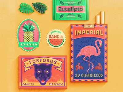 Tropical Ephemera candy cigarettes flamingo fruit matchbox packaging pineapple retro sticker tropical tropicana vintage