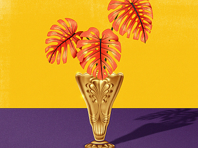 Deco art deco deco gold monstera deliciosa plant split complimentary vase yellow
