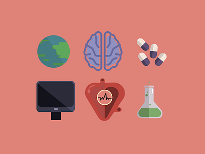 assorted beaker brain computer earth graphic design heart icons illustration medicine monitor pills science