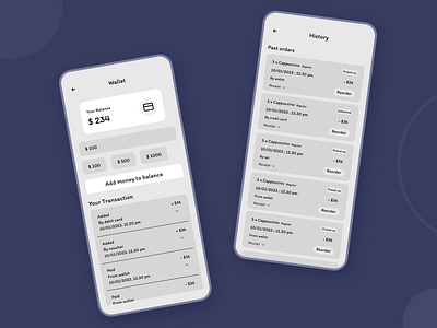 Coffee House Application Wireframe | Wallet and History app app design application branding coffee shop design illustration mobile app ux uxresearch