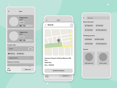 Coffee House Application Wireframe | Cart, Search and location app app design application coffee coffeeshop design mobile app mobileapp mobileappdesign ux uxdesign uxdesigner