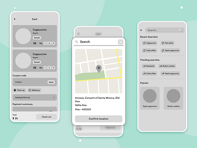 Coffee House Application Wireframe | Cart, Search and location