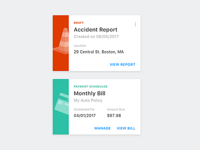 Auto Insurance Cards auto bill car cards illustration insurance material material design mobile notifications