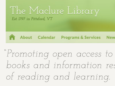 Maclure Library Masthead & Intro blurry image green josefin slab lato minimalism