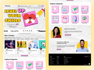 E-learning landing page brutalism design e learning illustration landing page made with blush pink ui ui design uxui visual design web design yellow