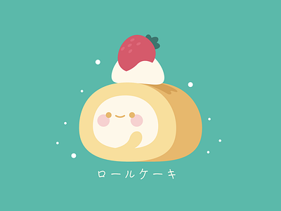 Japanese swiss roll cake cream cute dessert food illustration japanese kawaii roll strawberry swiss vector