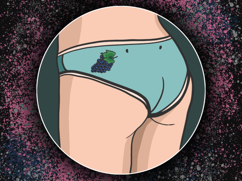 Blue panties with a grape illustration. For Emma.