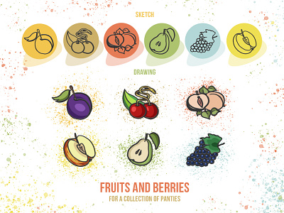 Fruits and berries. Peach. Apple. Pear. Cherry. Grape. Plum. adobe photoshop apple berries cherry drawing with fruit. fruits grape graphic design illustration inst: xenon go of color peach pear plum print small pictures splashes