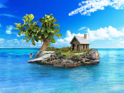Collage with a girl on the island. Little dream. adobe photoshop collage dream fantasy girl graphic design house on the island illustration island ocean privacy relax sea serenity summer