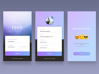 Roco - Sign In/ Sign Up gradient ios mobile app product design profile screen sign in sign up social ui ux welcome