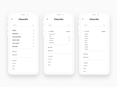 Church's Mobile Navigation clean clean ui ecommerce menu minimal mobile navigation prada responsive search ui ux web white