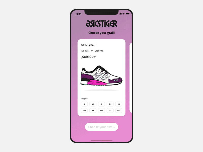 "Choose your Grail" App (Adobe XD Animation Test) adobe xd animation app app animation asics auto animate design gel lyte illustration interace sneaker sneakers ui vector