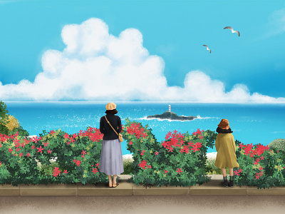 Facing the sea cloud comic flower illustration island lighthouse painting sea sunny