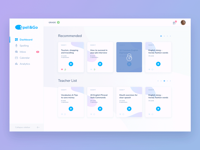 Dashboard (Learning system) animation cards ui clean app design dashboard design dropdown e learning education interaction design interface learning app platform principle scroll sketch ui ux web