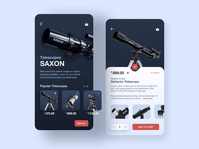 Telescope Shop App for #DailyUI day #12 012 add to cart app clean dailyui dark app dark ui design ecommerce ecommerce app inspiration mobile product shopping app store telescope trend ui user interface design ux