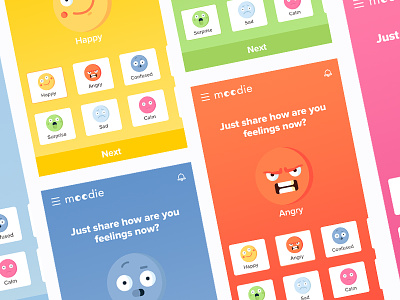 Mood sharing app - Home page angry app bala ux colorfull design feeling flat happy icons minimal mood smiley