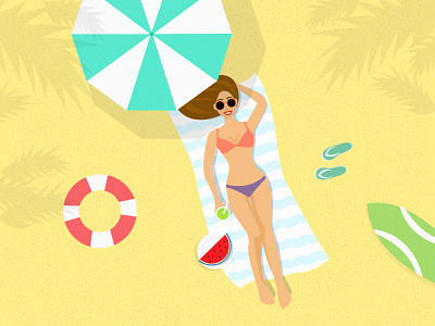 Relaxing Girl In Beach art bala ux beach character girl illustration palms relax summer towel vacation