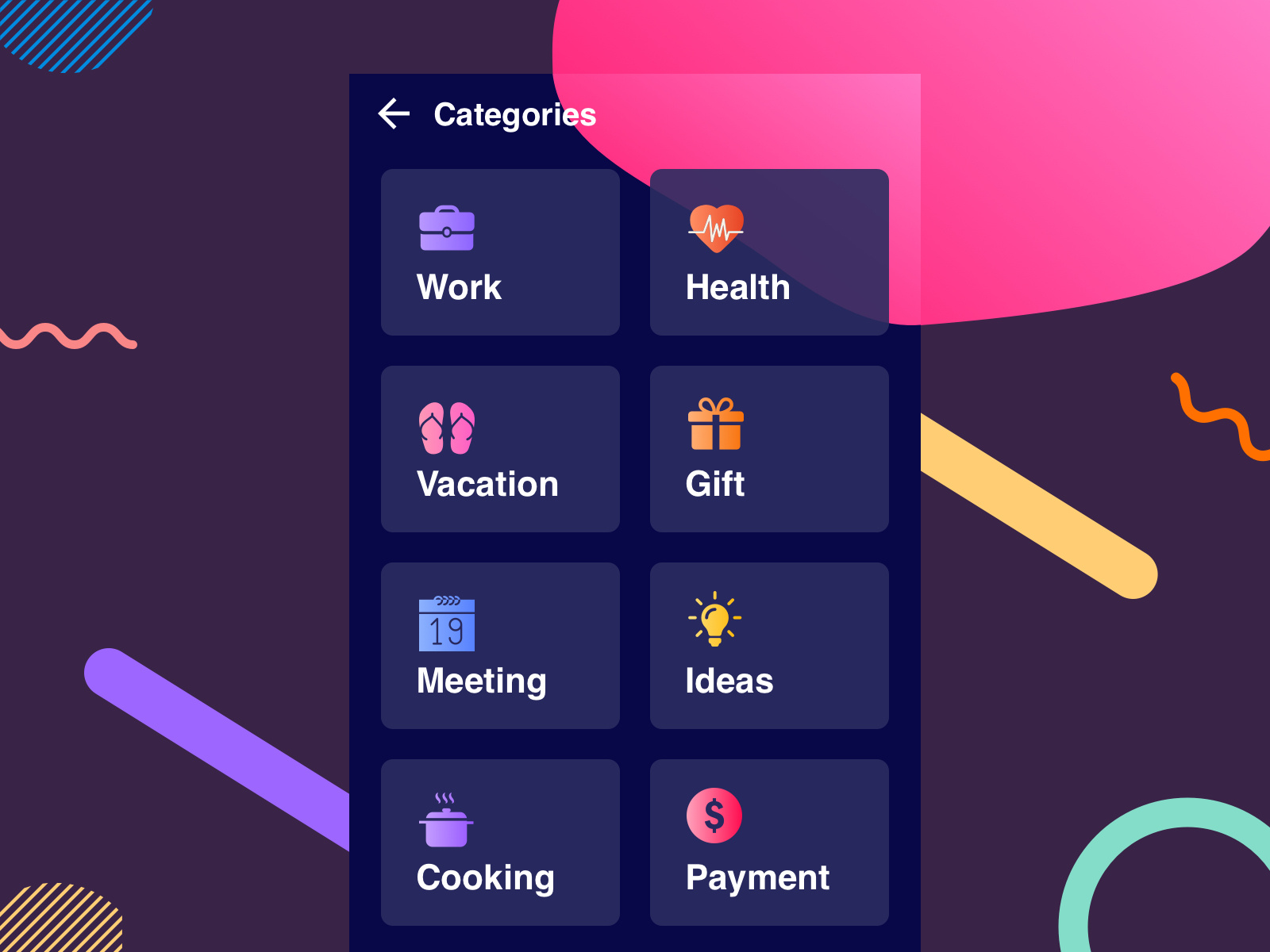 Todo app categories selection UI design.